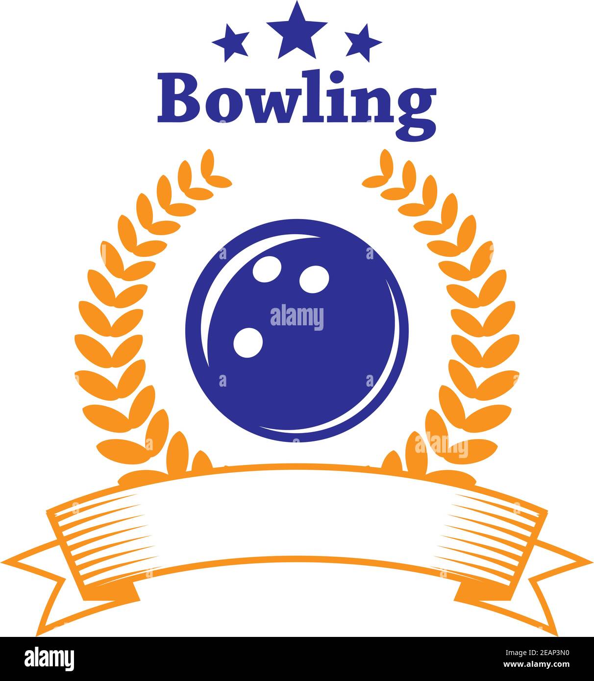 Retro bowling emblem or logo with ball, laurel wreath, banner and stars