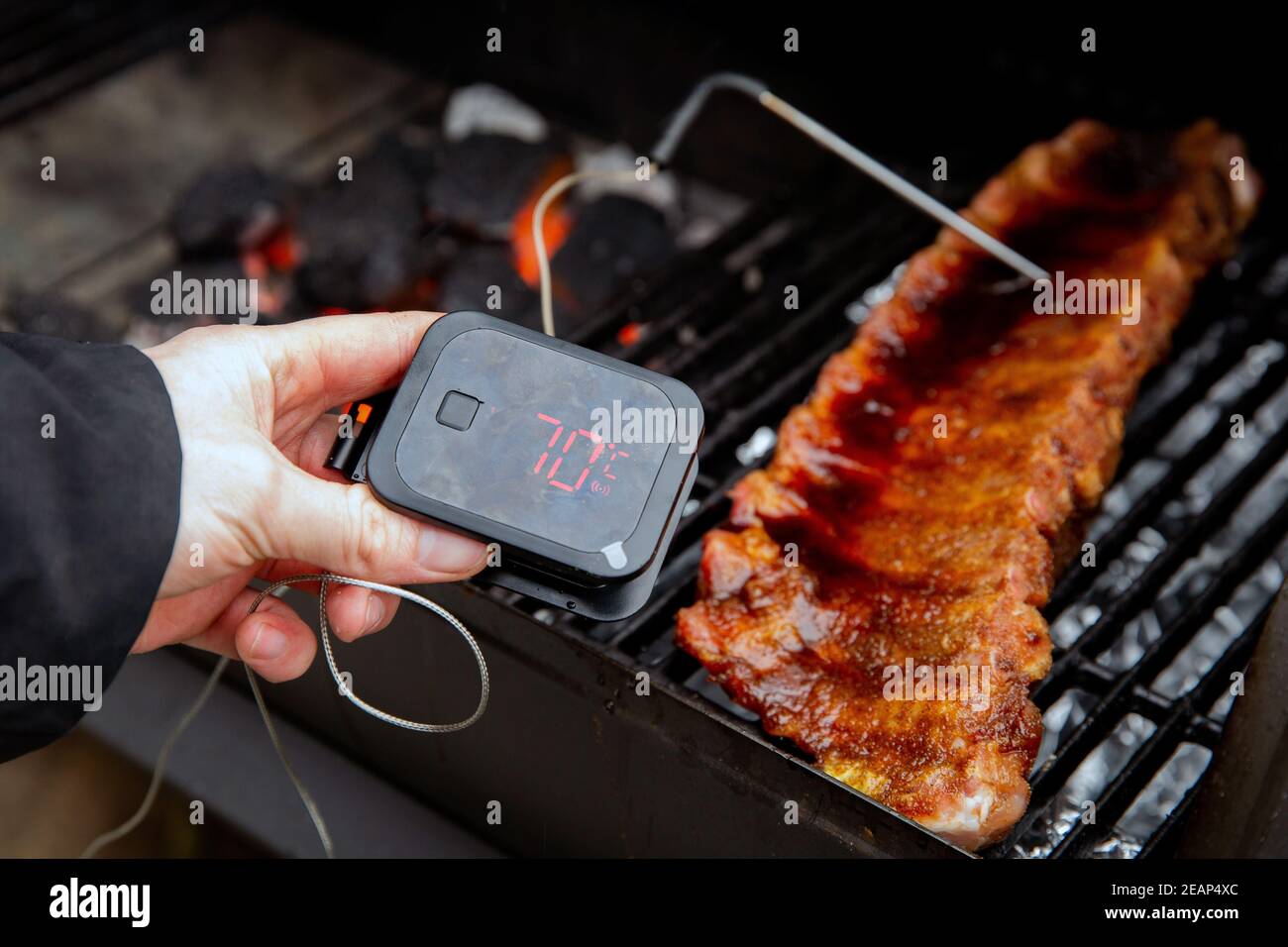 delicious beef steak on grill grate with a meat thermometer showing  doneness of rare, medium and well done Stock Photo - Alamy
