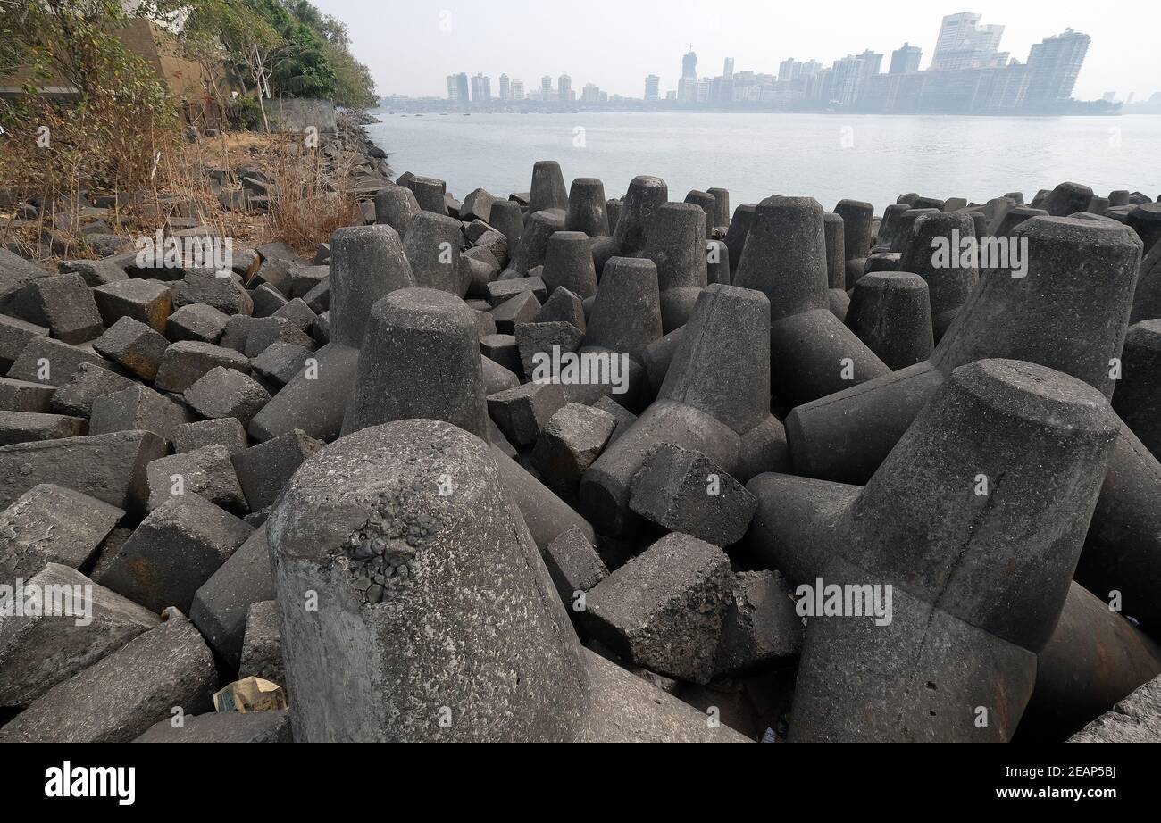 Tetrapods on Marine Drive in Mumbai, India Stock Photo