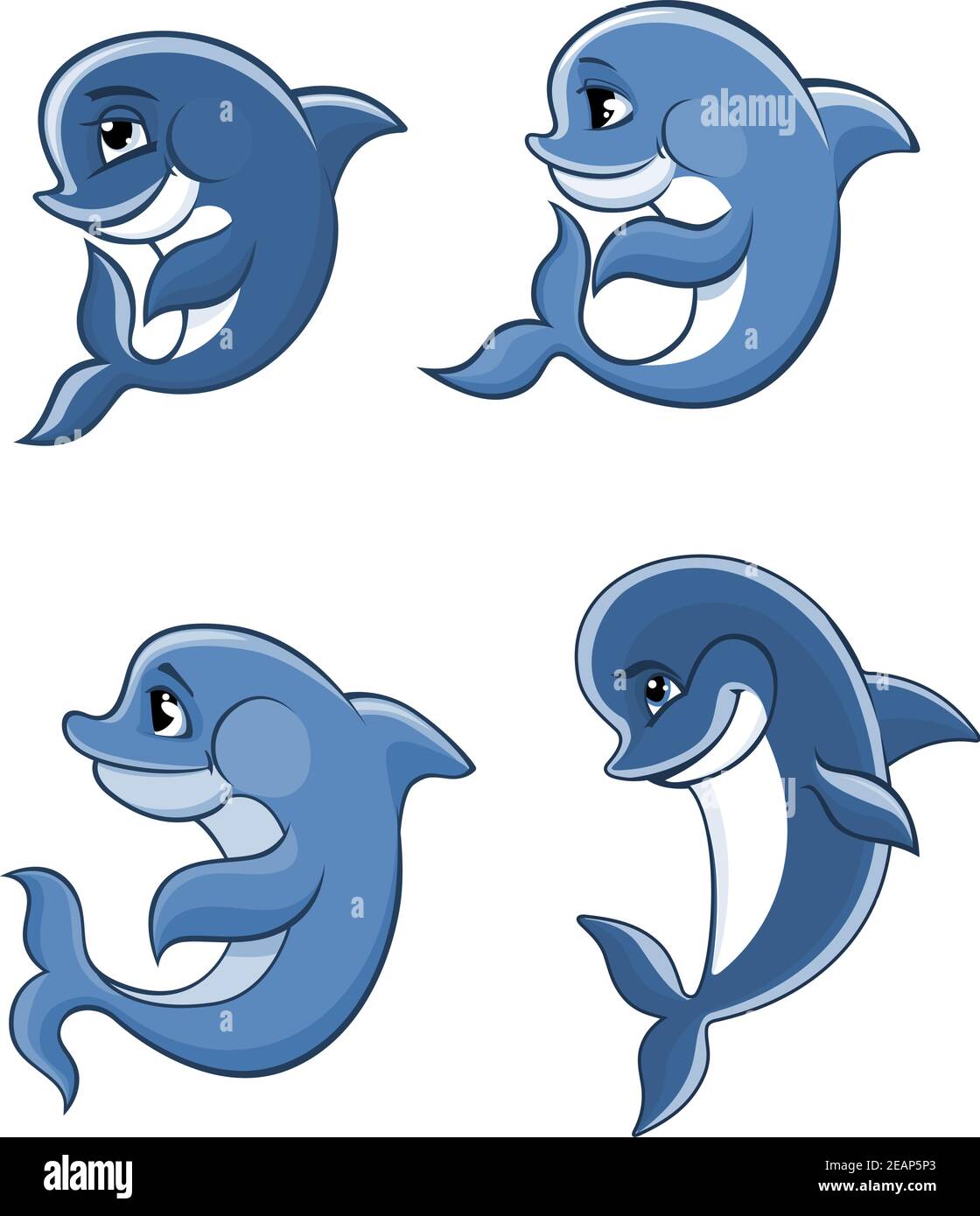 Cute cartoon blue dolphins set for fairytale, comics and wildlife design Stock Vector