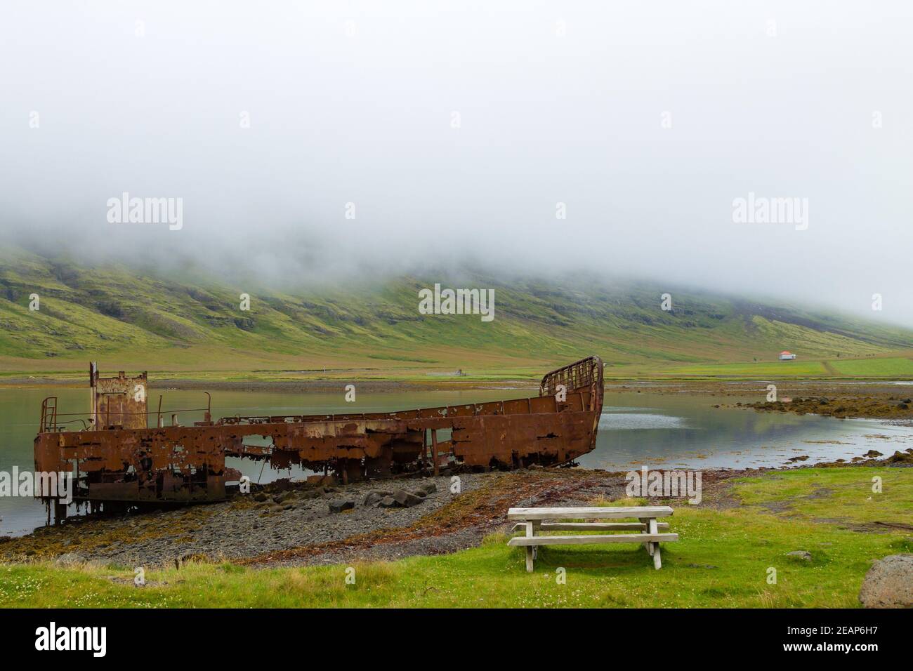 Shipwreck from Mjoifjordur fiord, east Iceland. Icelandic panorama Stock Photo