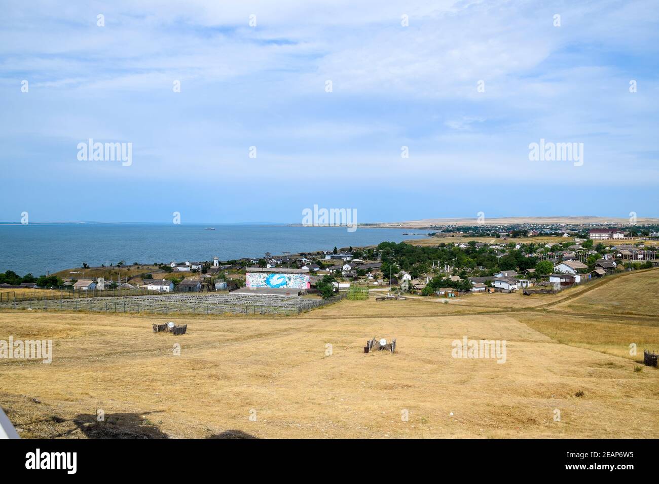 The landscape at the Cossack village - a museum Ataman. the village and the sea view from the heights of the hill. Stock Photo