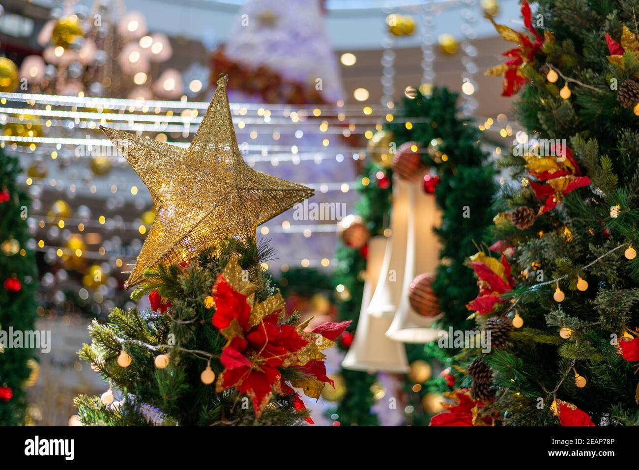 Beautiful lit christmas ornamental with blur background. Stock Photo