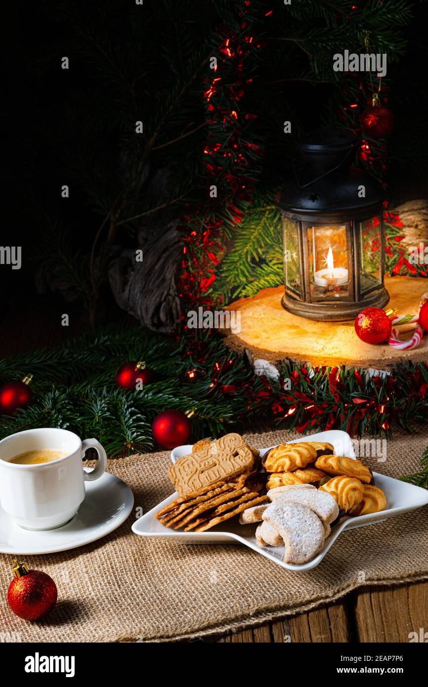 Different types of biscuits with rustic Christmas decorations Stock Photo
