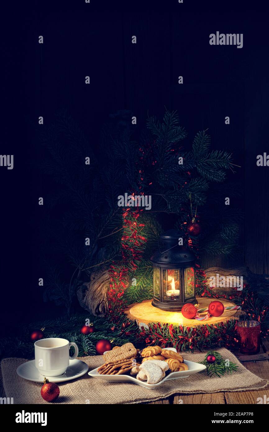 Different types of biscuits with rustic Christmas decorations Stock Photo