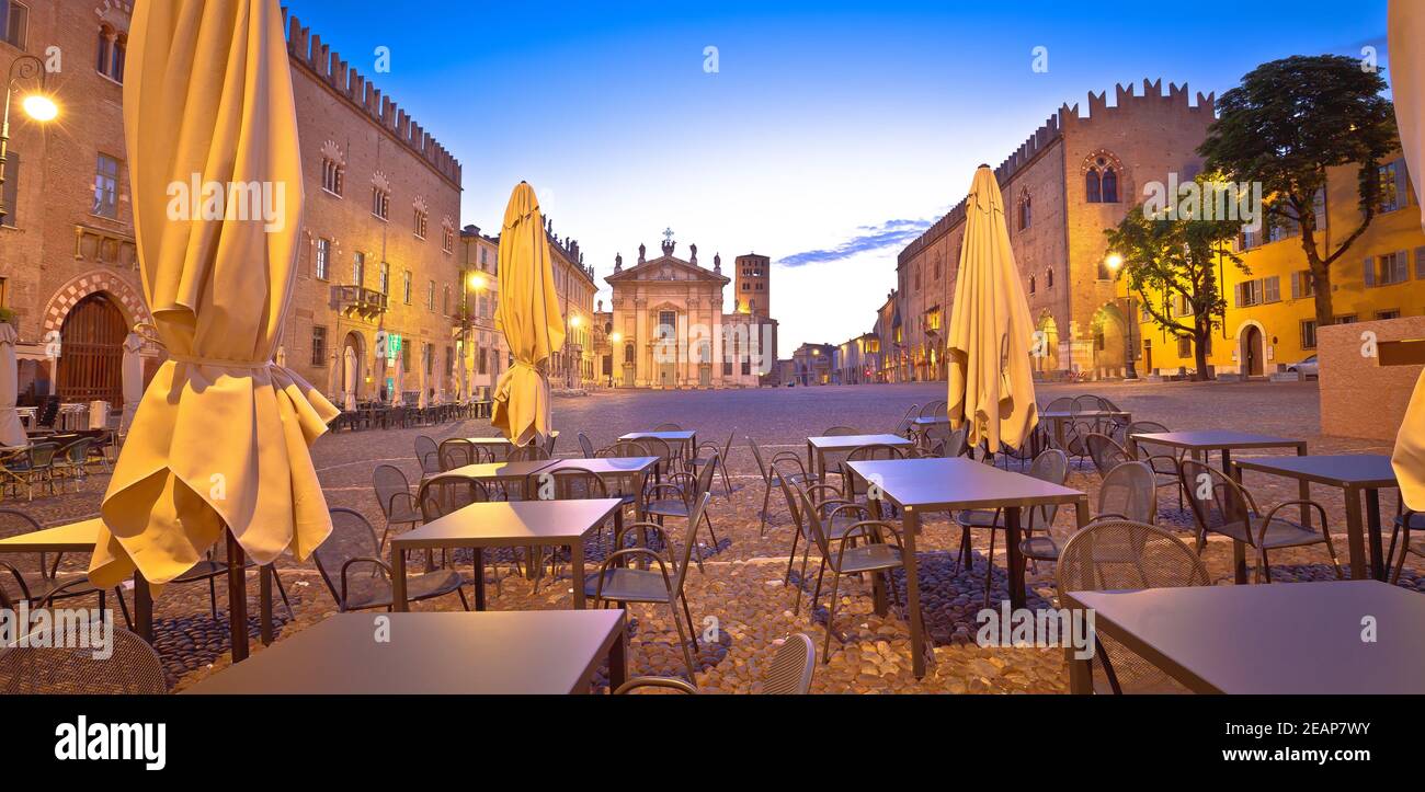Mantova city Piazza Sordello cafe and architecture dawn view Stock Photo