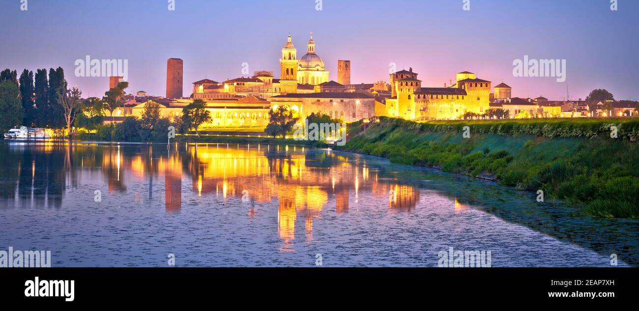 City of Mantova skyline lake reflections dawn view Stock Photo