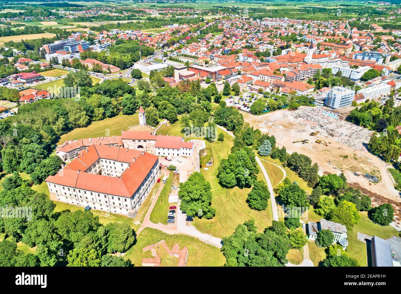 Cakovec and old town of Zrinski in green park aerial view Stock Photo