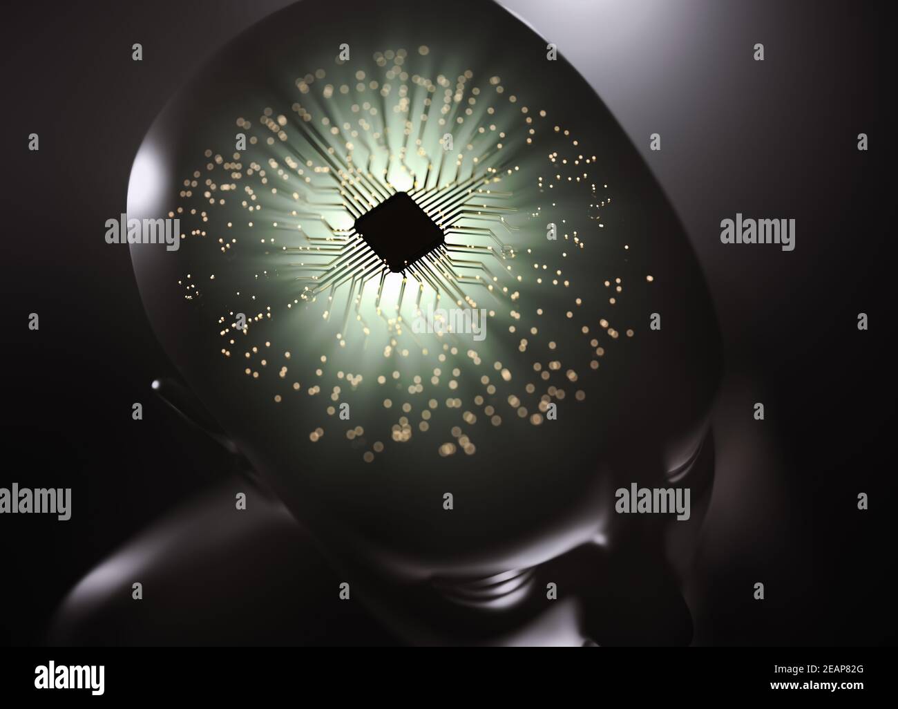 Artificial brain with central microprocessor. Electric pulses in the electronic circuit of the brain implant, represents the computer technology with Stock Photo