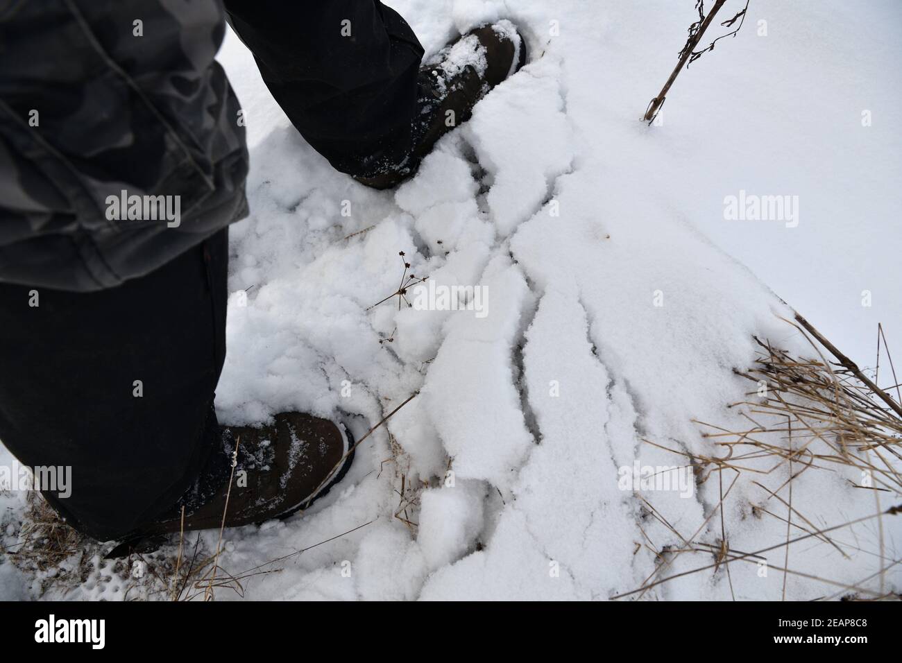 The hunter walks in the snow in a shoe resistant to snow and ice Stock Photo
