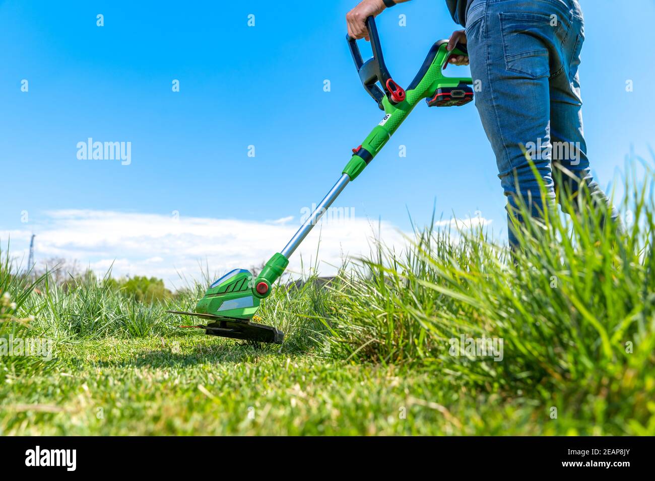 man mows the grass in the meadow with a hand-held cordless lawnmower Stock Photo