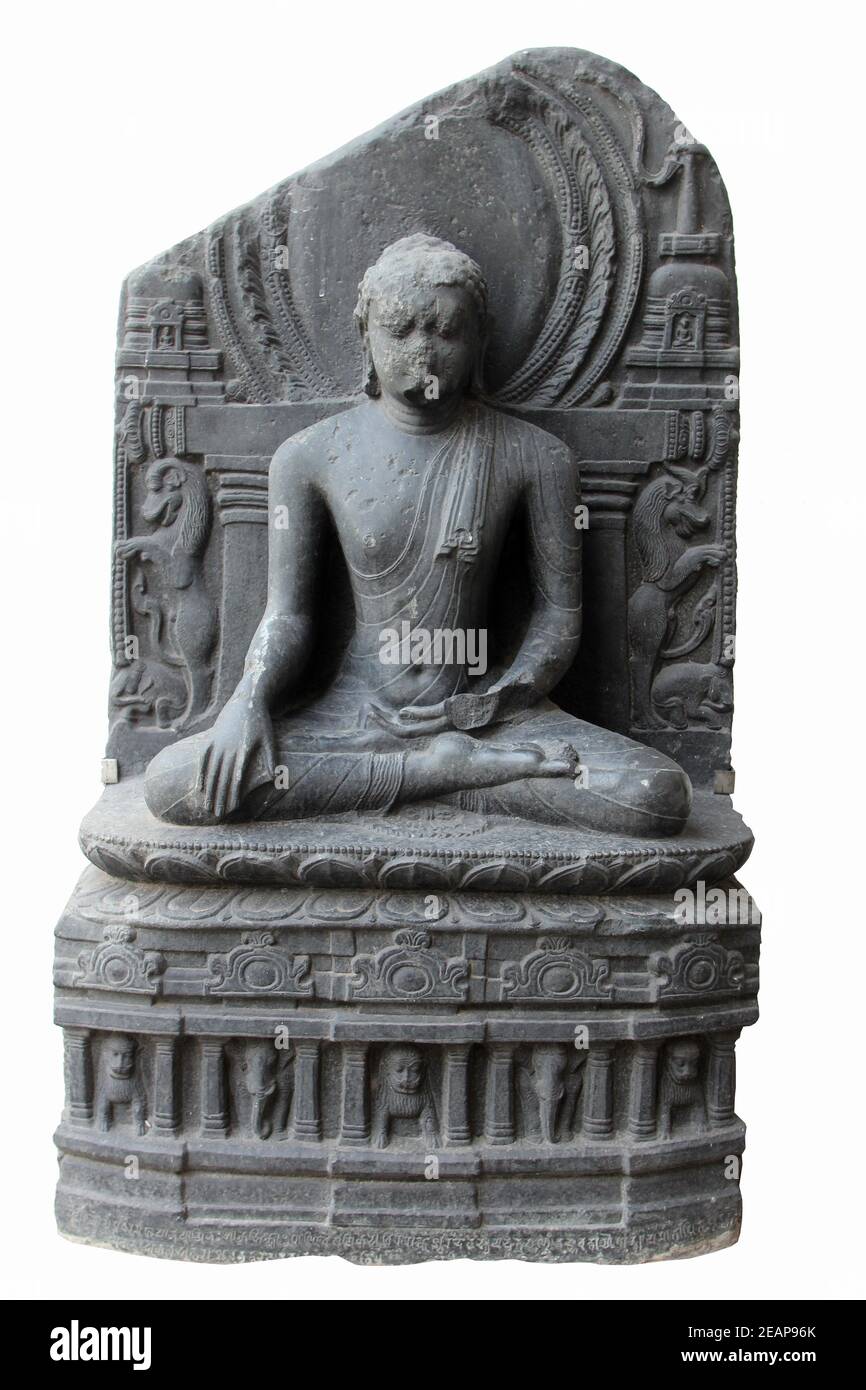 Buddha in Bhumisparsha mudra, from 10th century found in Bihar now exposed in the Indian Museum in Kolkata Stock Photo