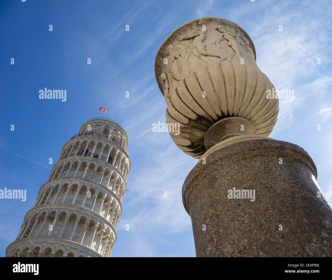 Leaning Tower of Pisa with Big Vase in the Foreground Stock Photo