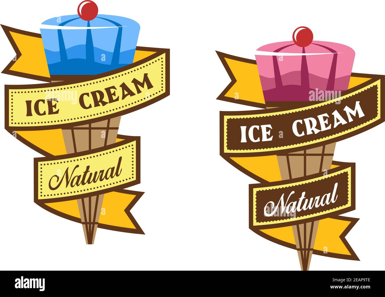 Cone ice cream labels or emblems with banner and signs, for dessert and