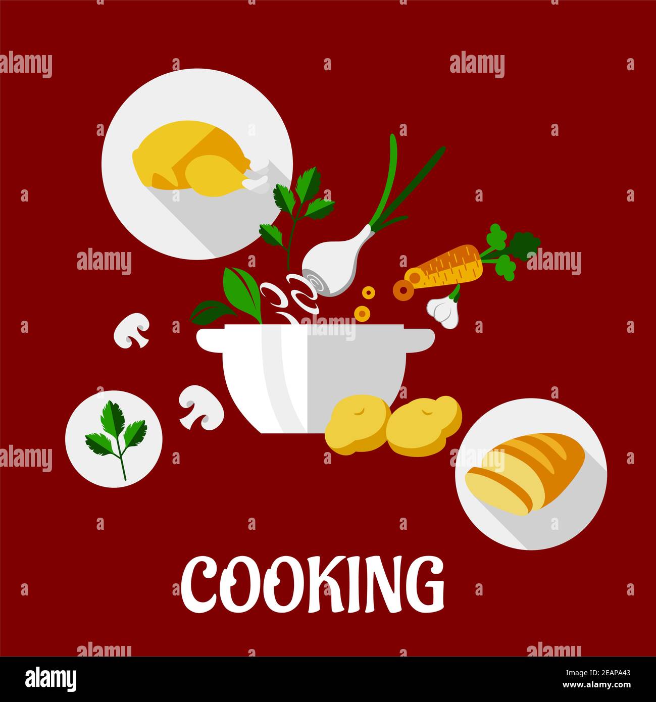 Cooking flat design on a colorful red background with a roast chicken ...