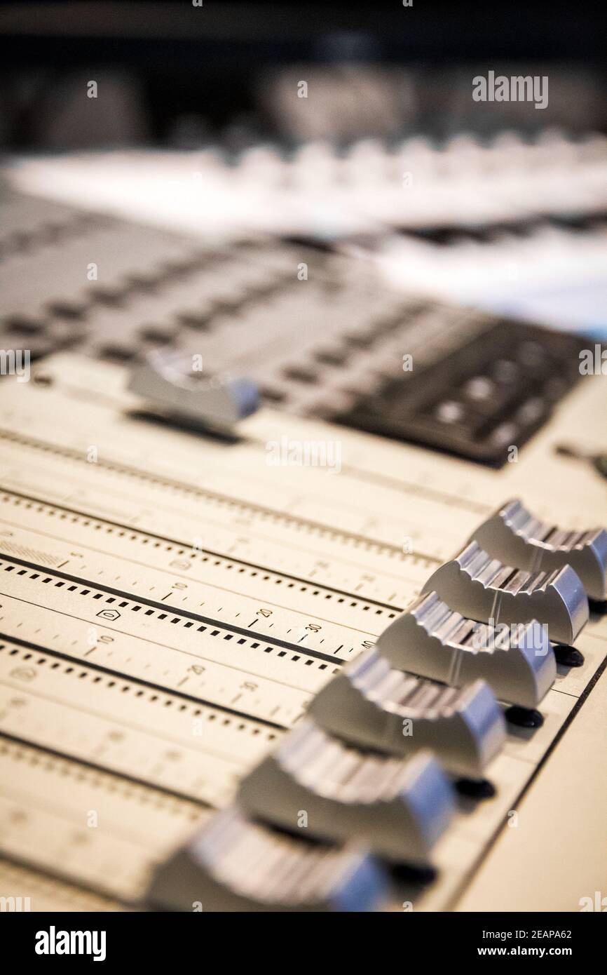 Audio mix table closeup view Stock Photo Alamy