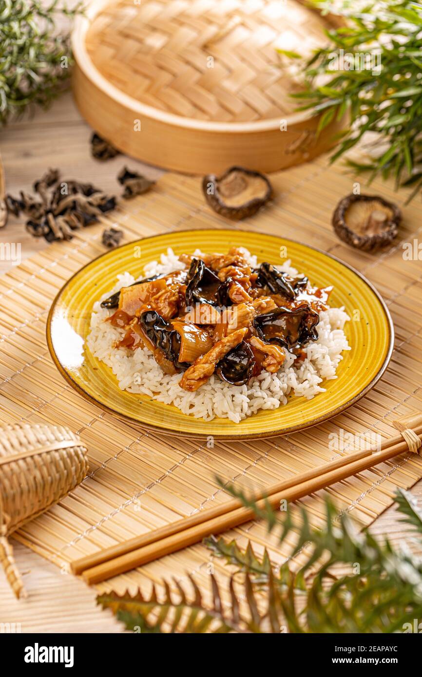 Chicken with bamboo Stock Photo