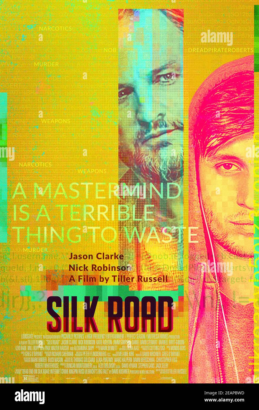 Silk Road (2021) directed by Tiller Russell and starring Nick Robinson, Jennifer Yun and Jimmi Simpson. The story of Ross Ulbricht who created the Silk Road, a darknet website that sells illegal drugs and DEA agent Rick Bowden who goes undercover to bring him down. Stock Photo