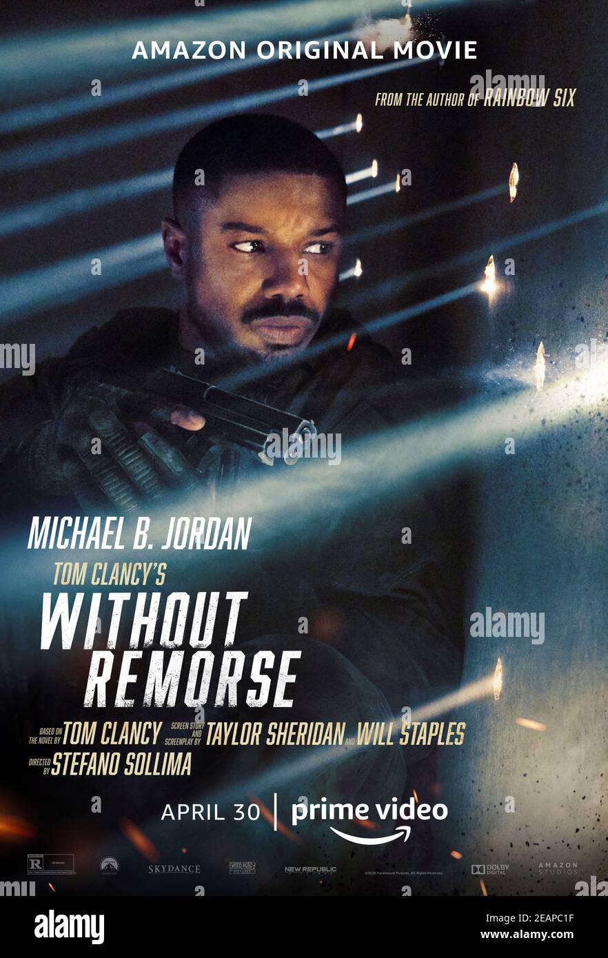 Without Remorse (2021) directed by Stefano Sollima and starring Michael B. Jordan, Jodie Turner-Smith and Jamie Bell. Adaptation of Tom Clancy's book about a Navy SEAL who seeks to avenge his wife's murder only to uncover a larger conspiracy. Stock Photo