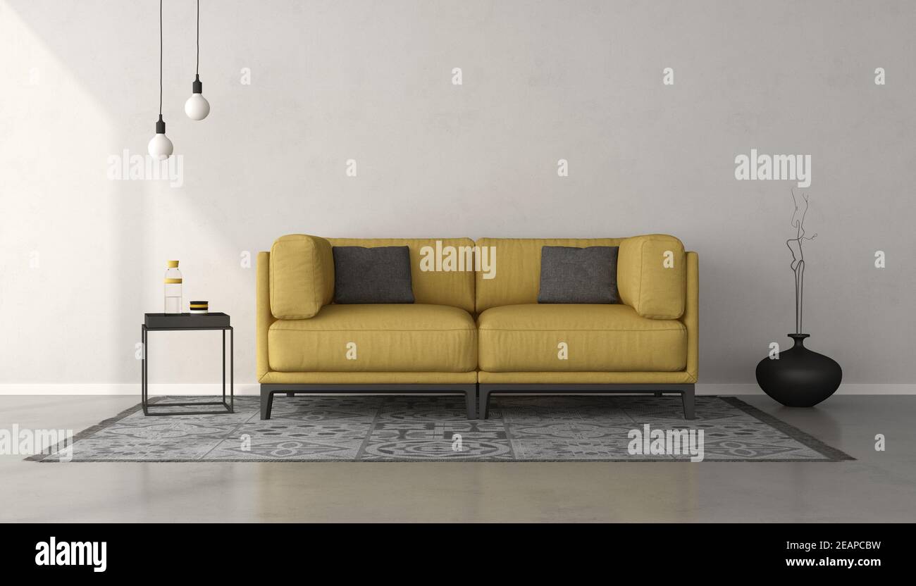 White minimalist living room with yellow sofa Stock Photo