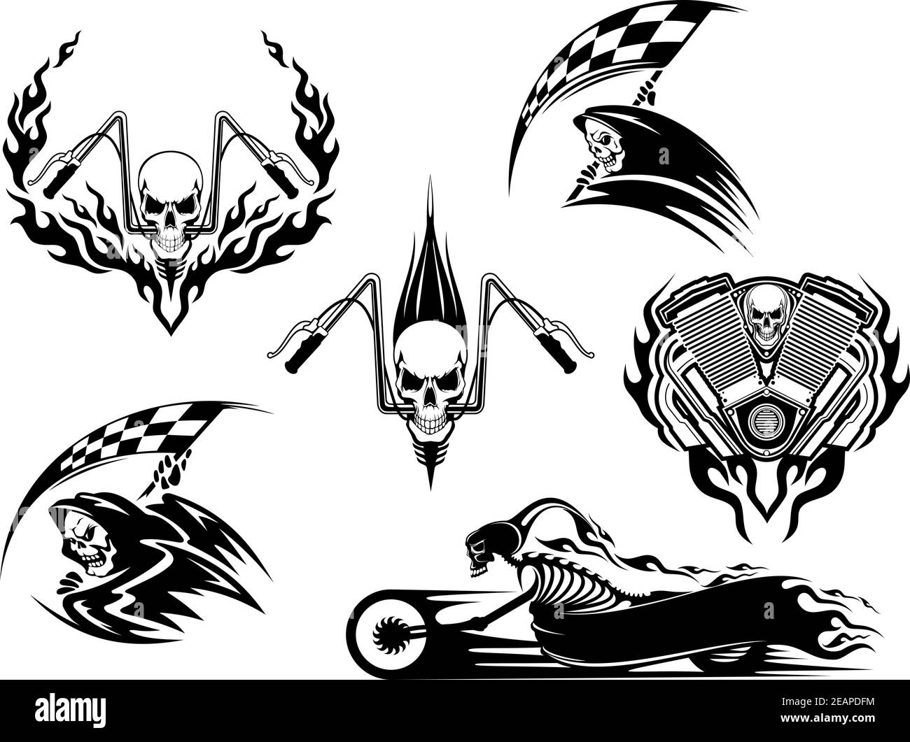 Set of motor racing skulls in black and white designs with a grim reaper holding a checkered flag, racing skull on handlebars and skeleton on a speedi Stock Vector
