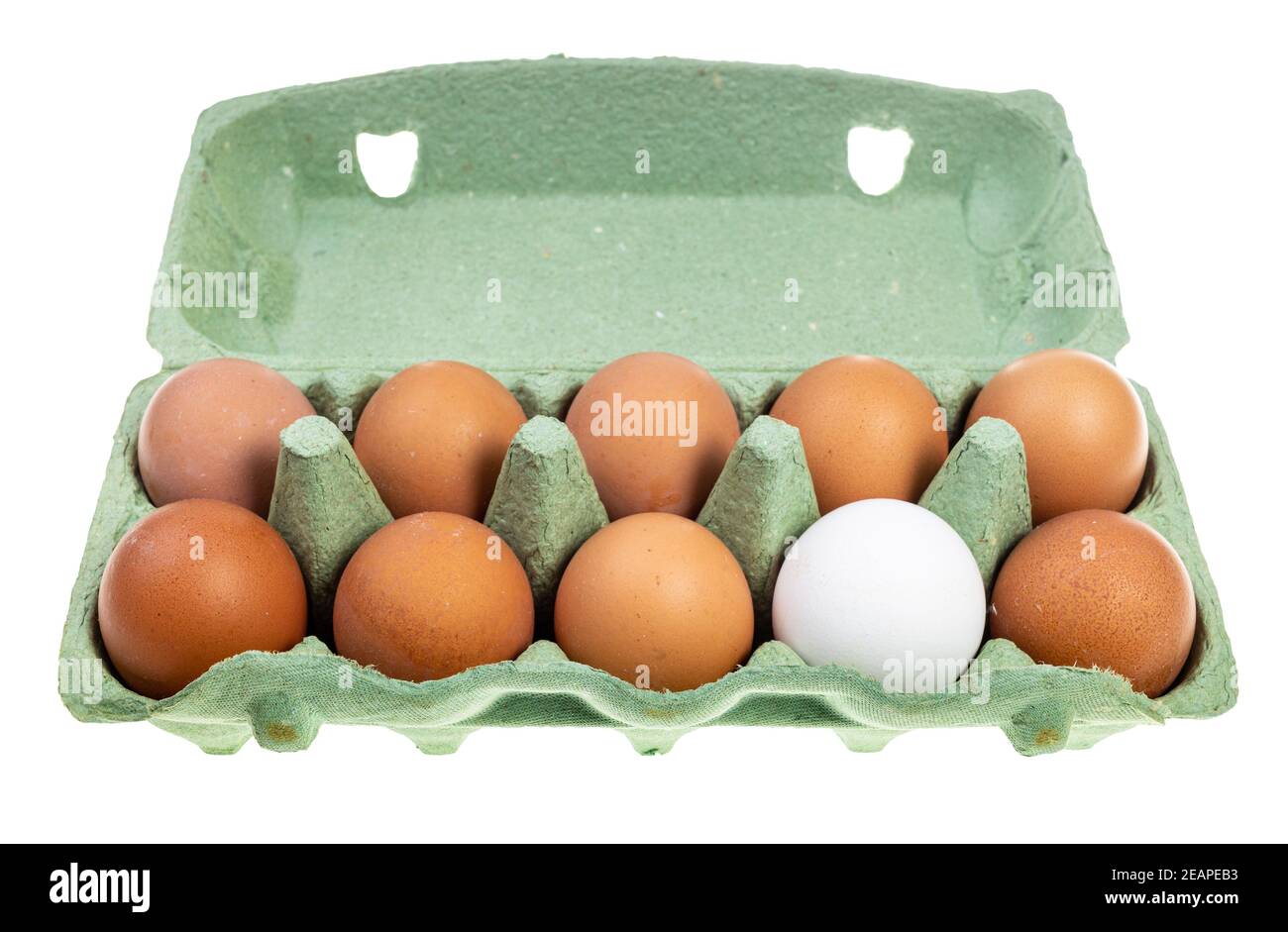ten chicken eggs in green box isolated Stock Photo