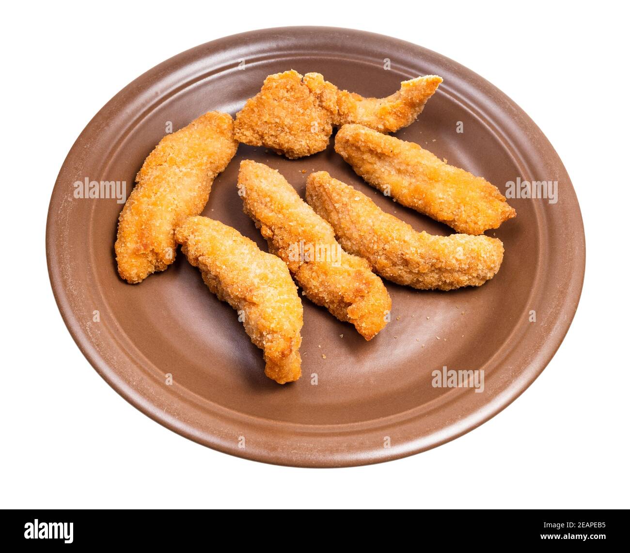 several chicken strips on brown plate isolated Stock Photo