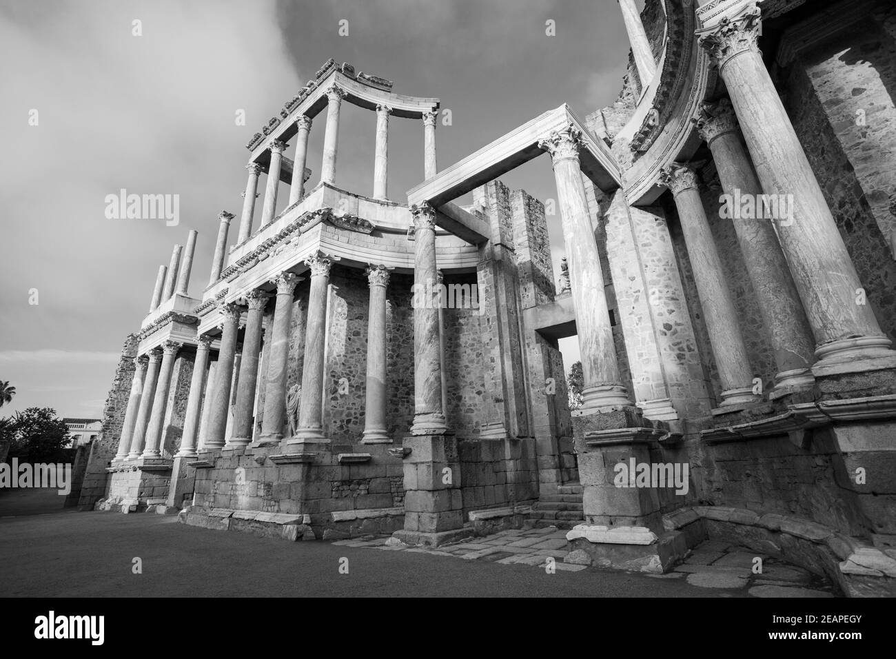 Europe, Spain, Badajoz, Merida, The Ancient Roman Theatre (Teatro Romano de Mérida) showing the scenery and the stage Stock Photo