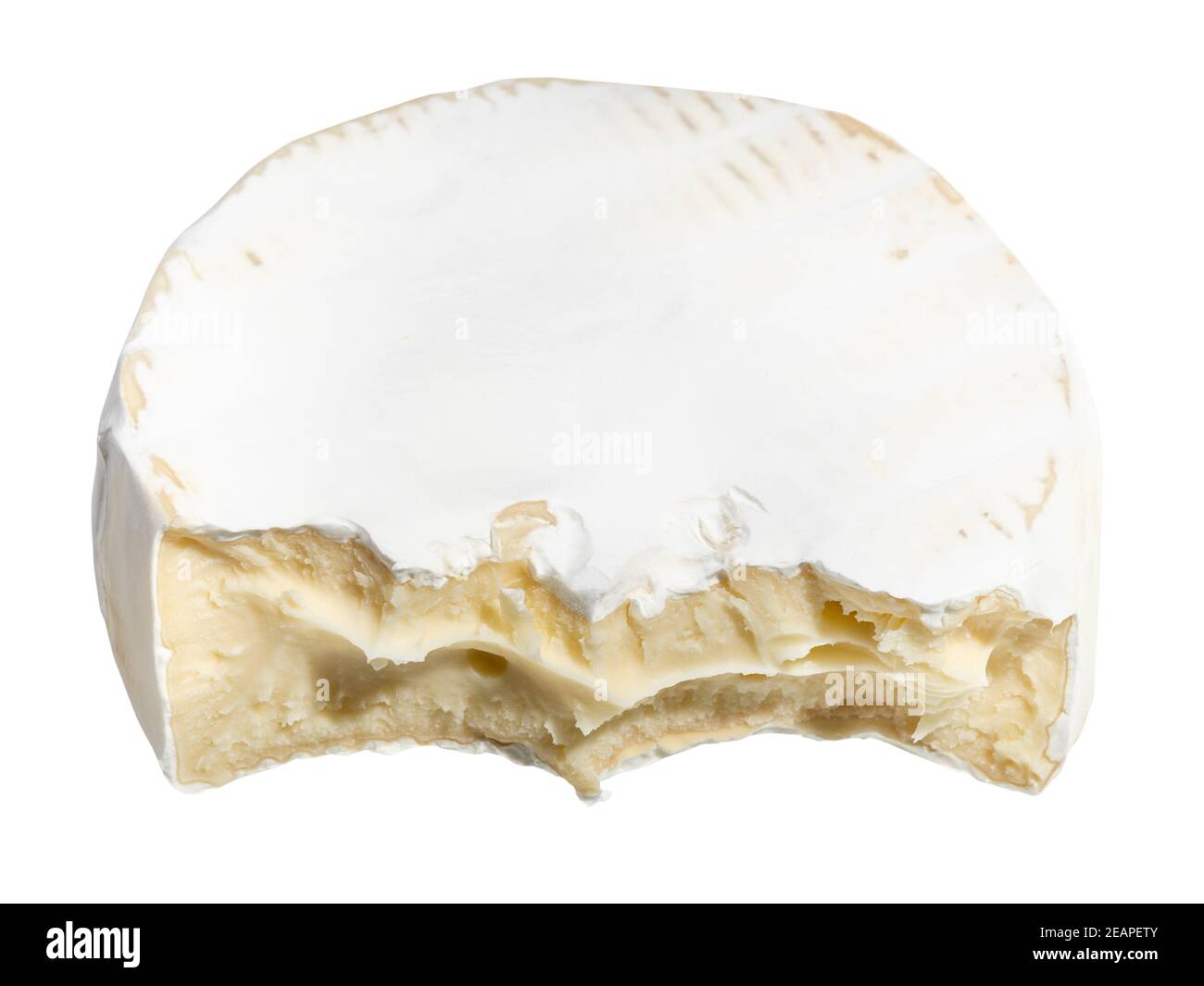 bitten soft cheese with white mold isolated Stock Photo