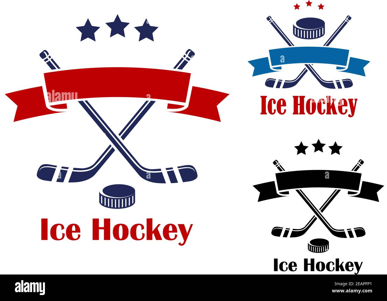 Red and blue colored ice hockey banners or emblems with puck, sticks