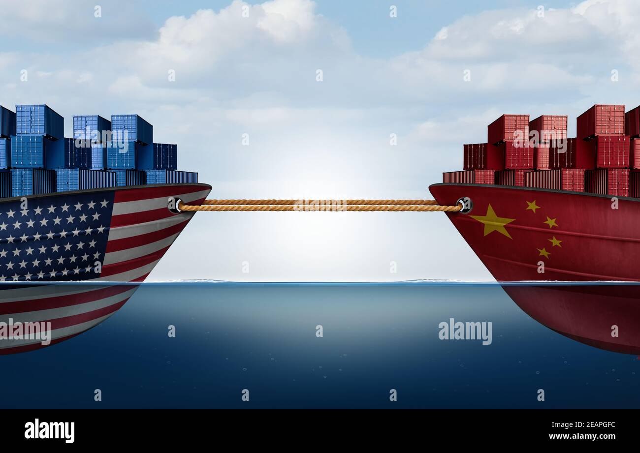 China United States tug of war trade fight and American tariffs as two interconnected opposing cargo ships tied together with rope as an economic. Stock Photo