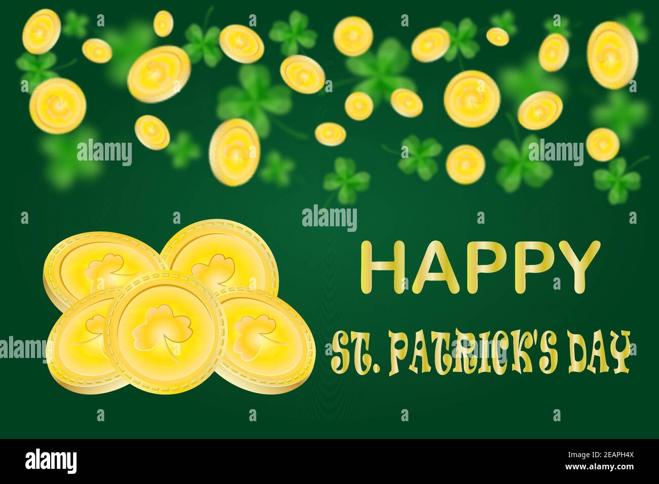 Golden coins and clover on green background. Happy St. Patrick's Day ...