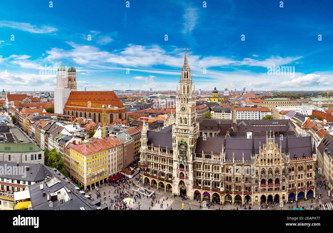 Aerial view on Marienplatz town hall and Frauenkirche in Munich