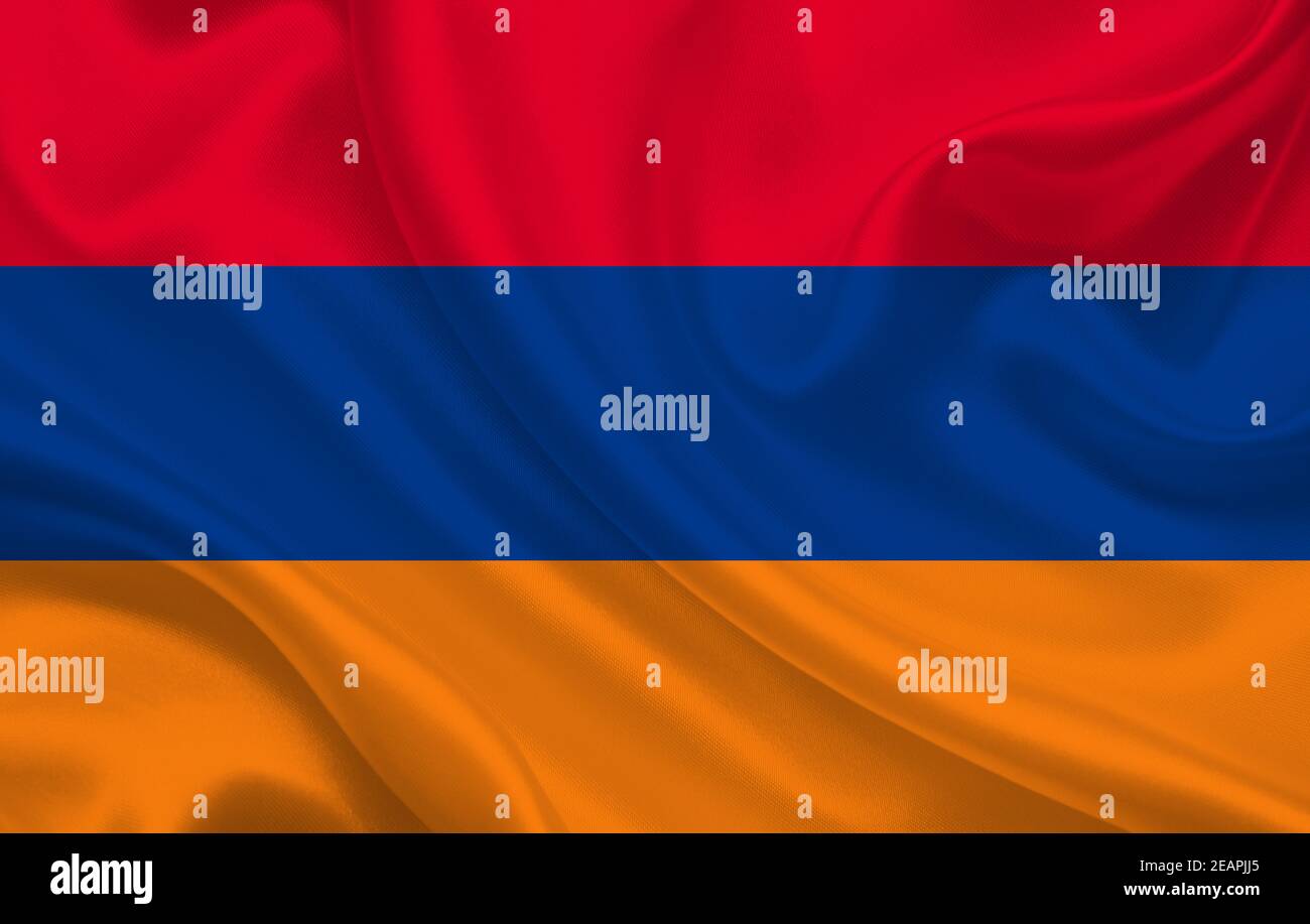 Flag of Armenia country on wavy silk fabric background panorama Stock ...
