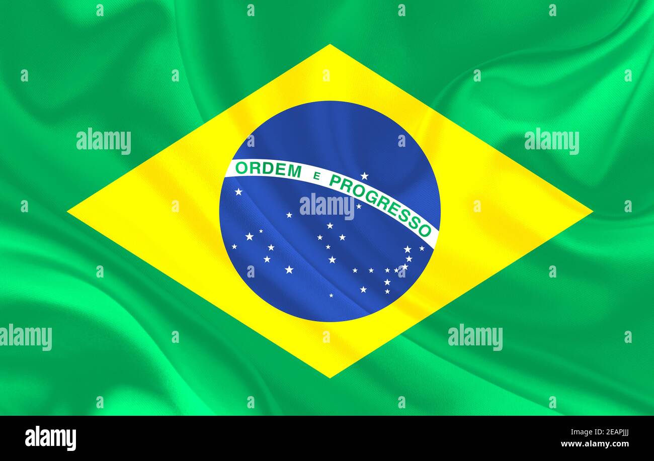Brazil country flag on wavy silk textile background Stock Photo