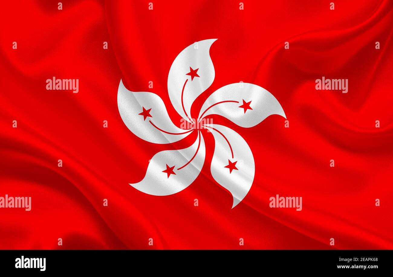 Hong Kong country flag on wavy silk fabric background panorama Stock Photo