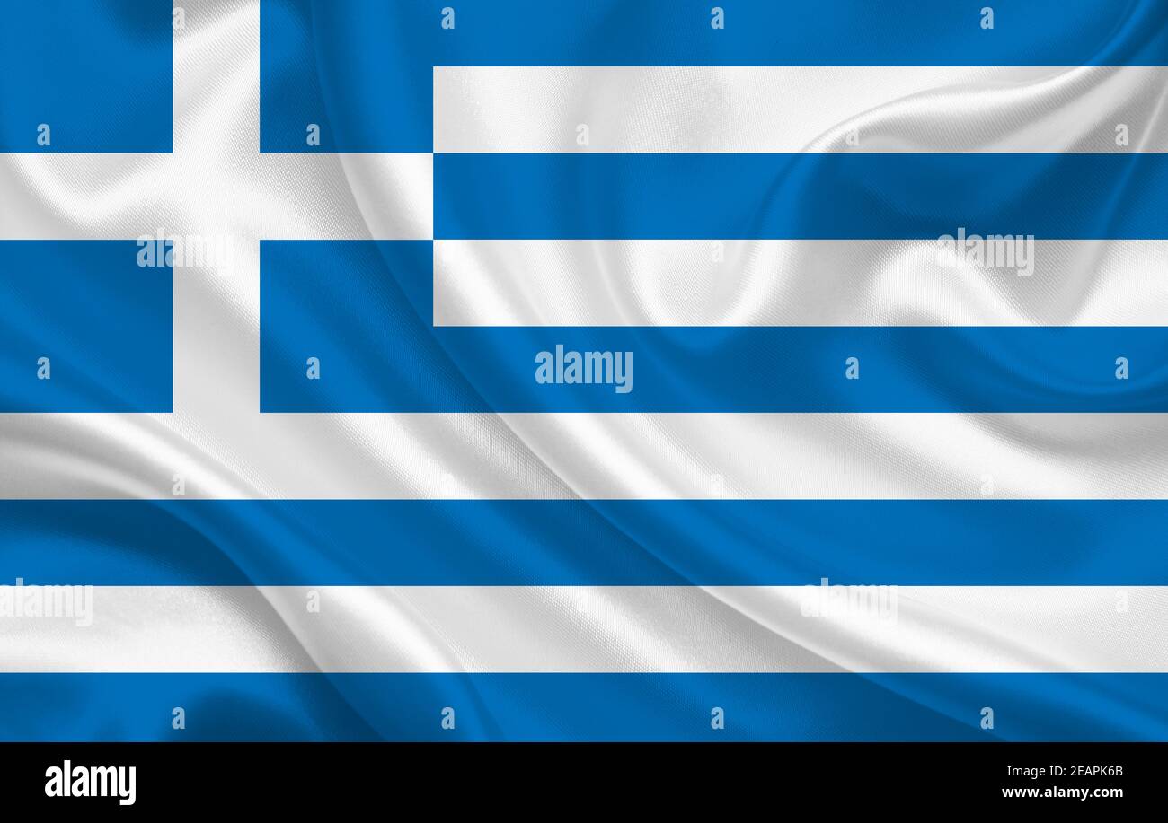 Greece flag on wavy silk fabric background panorama Stock Photo