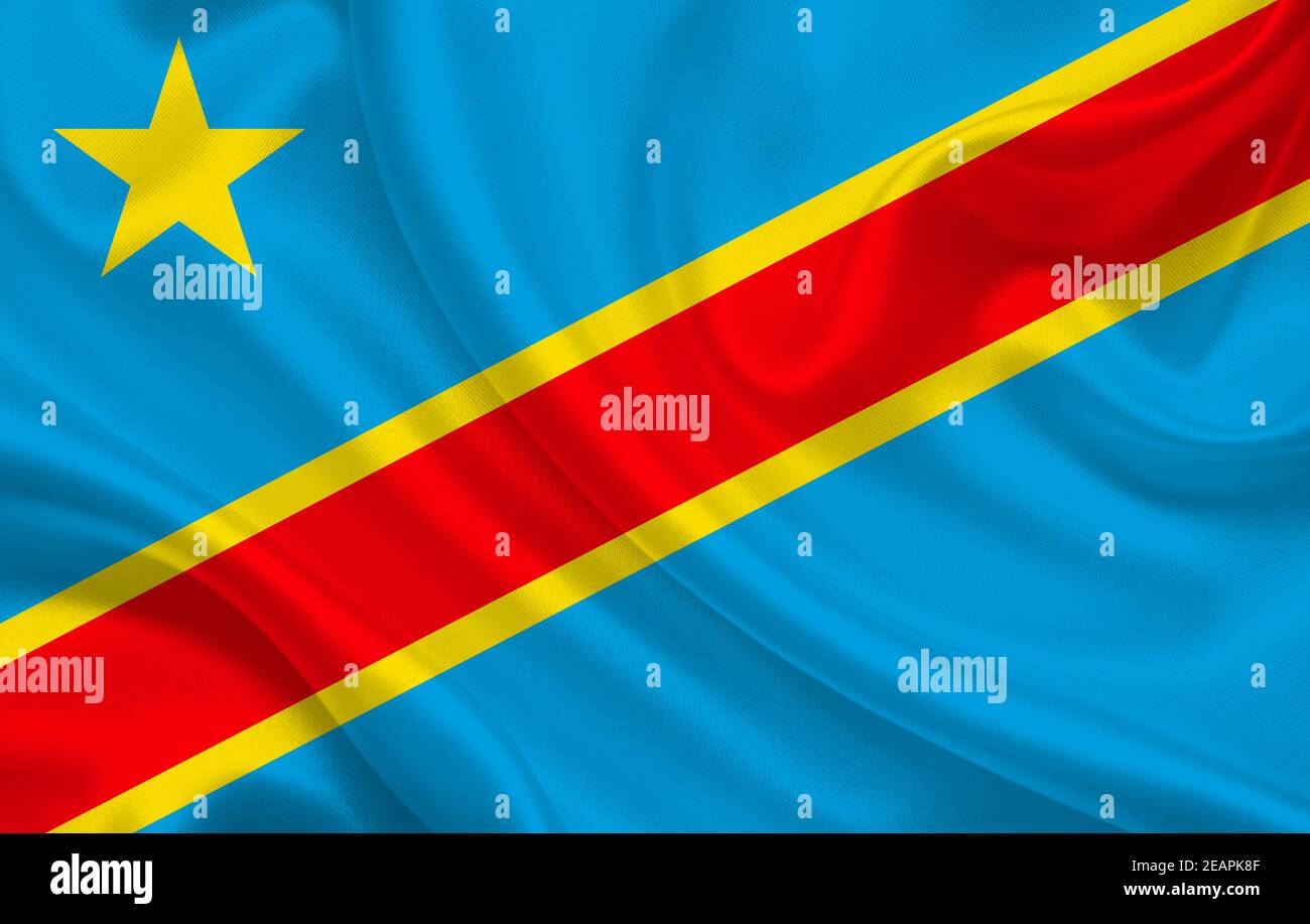 Flag of the country Democratic Republic of the Congo on a background of wavy silk fabric panorama Stock Photo