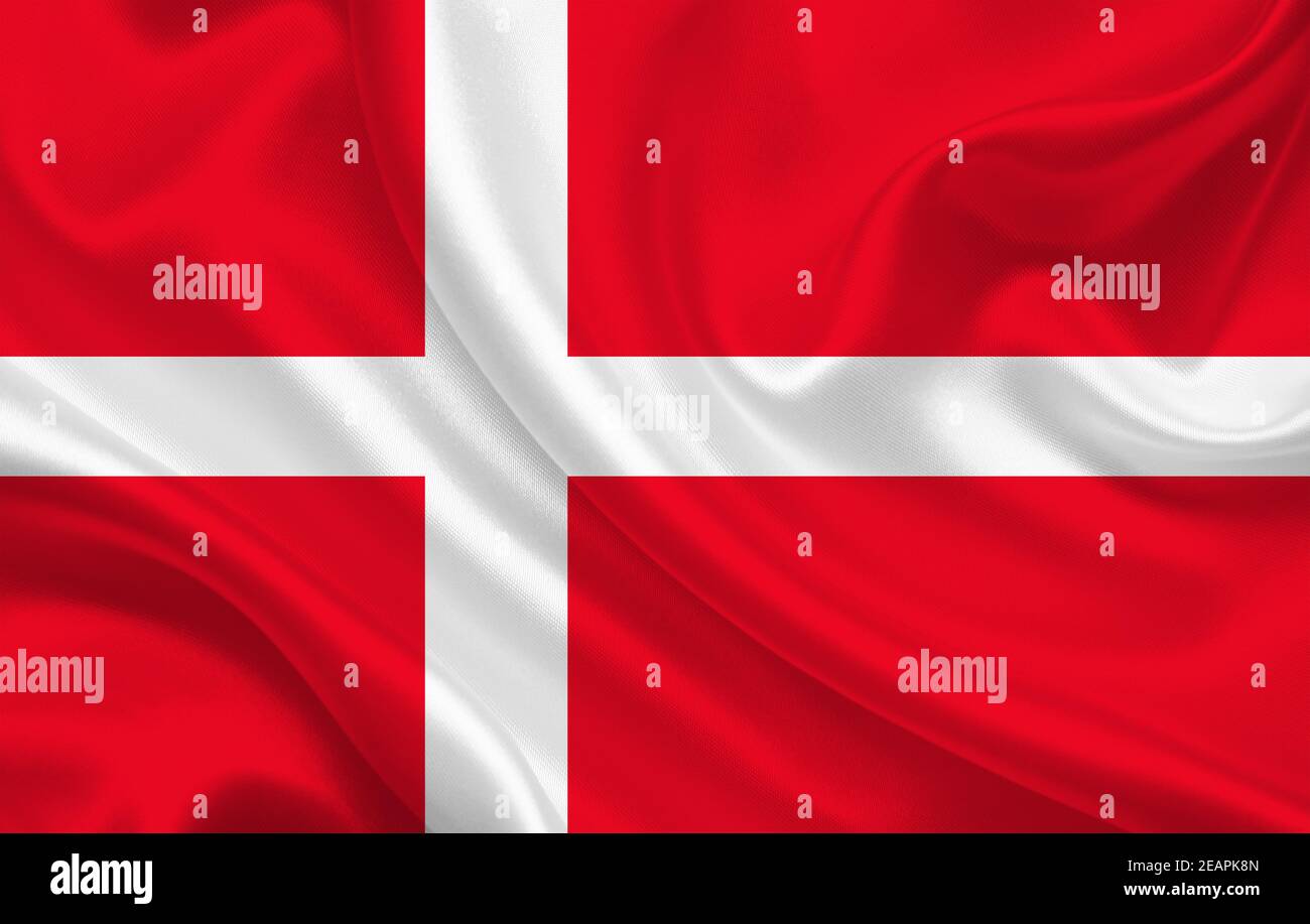 Denmark country flag on wavy silk fabric background panorama Stock Photo