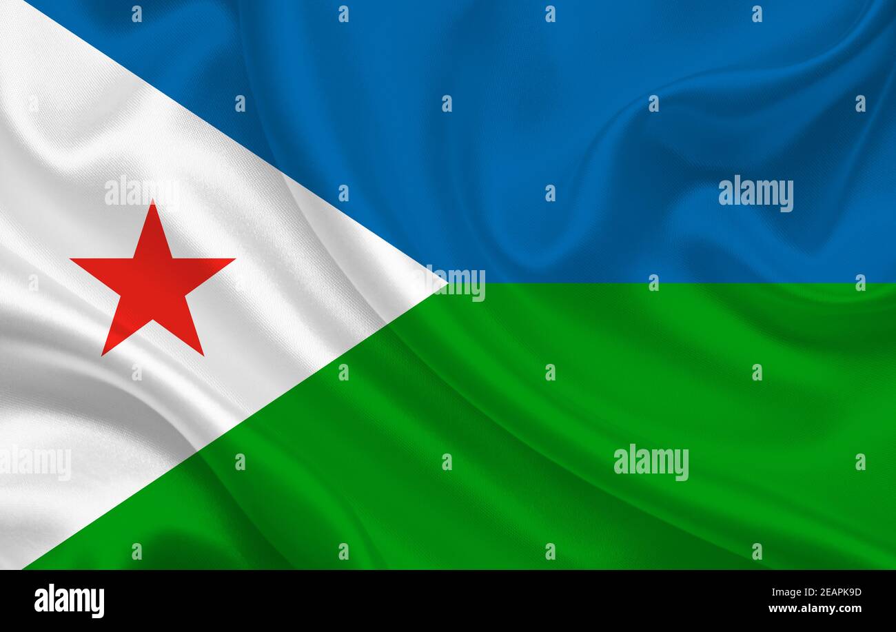 Djibouti country flag on wavy silk fabric background panorama Stock Photo