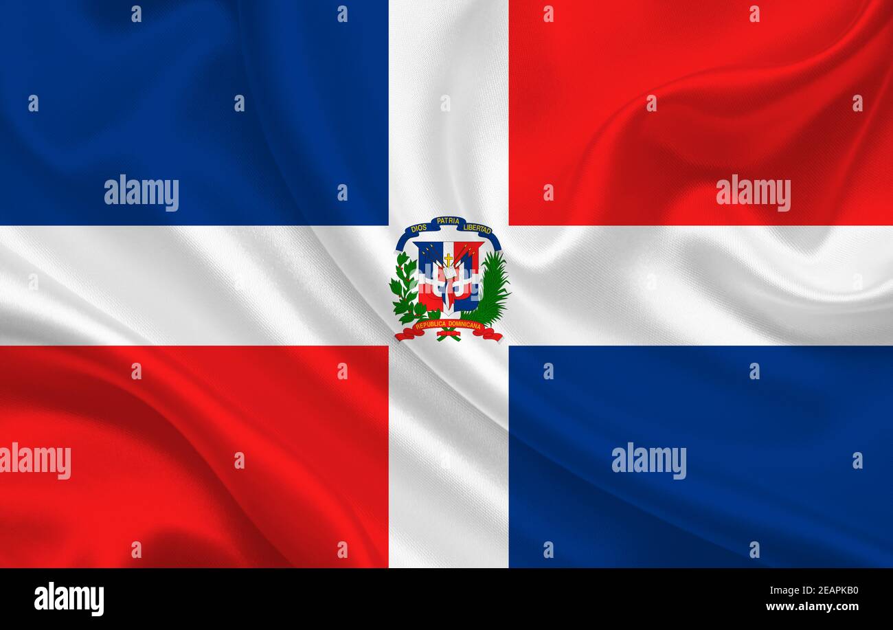 Flag of the country Dominican Republic on a background of wavy silk fabric panorama Stock Photo