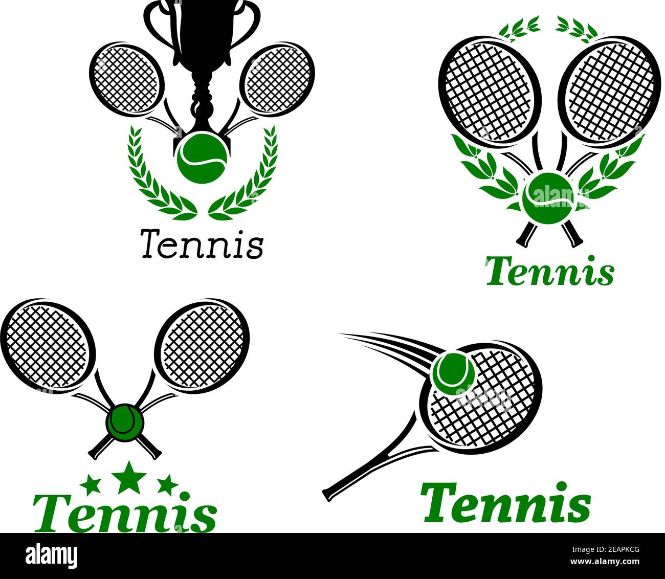 Tennis sport emblems with sporting equipment ball, racket, trophy cup ...