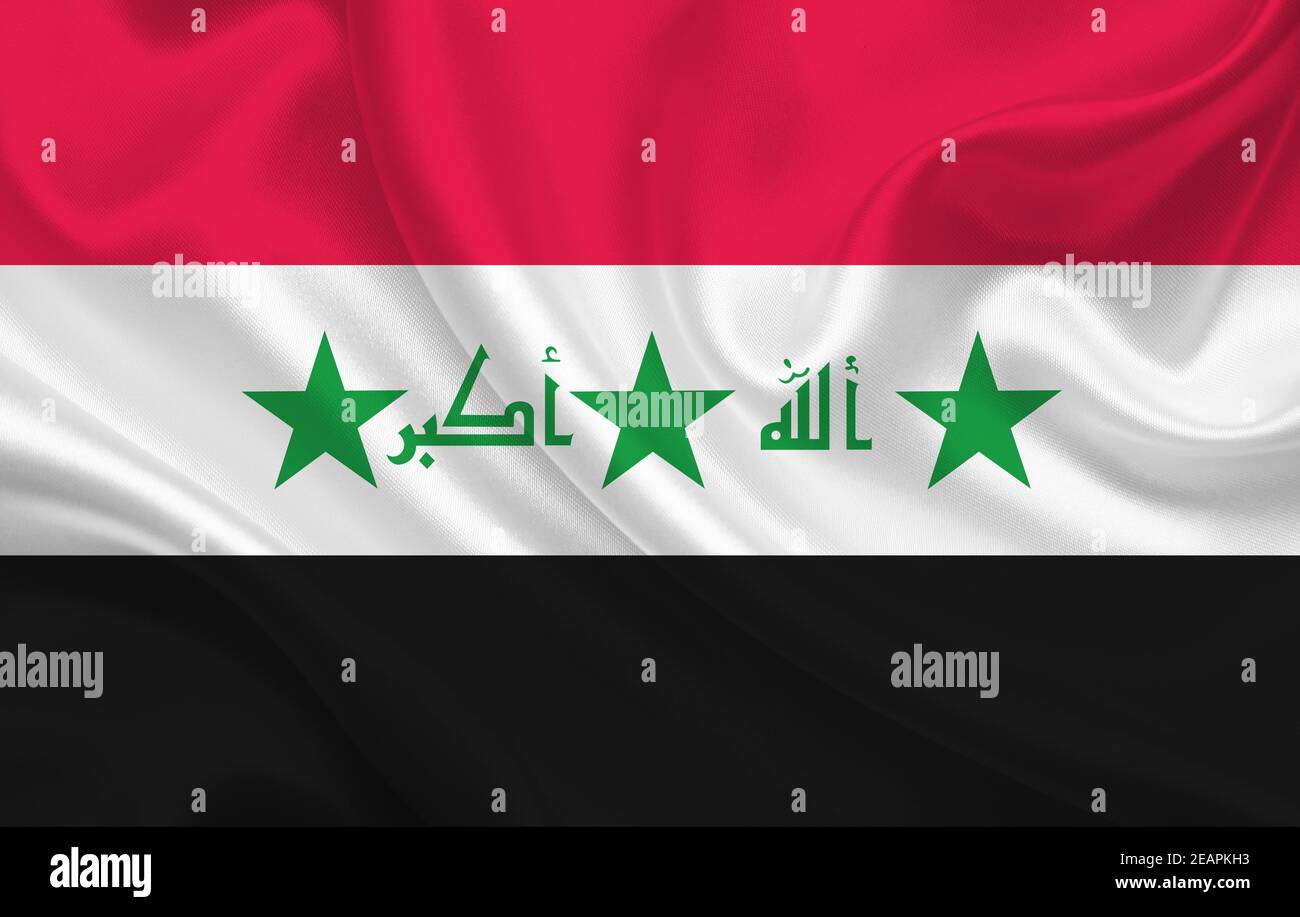 Flag of Iraq country on wavy silk fabric background panorama Stock Photo