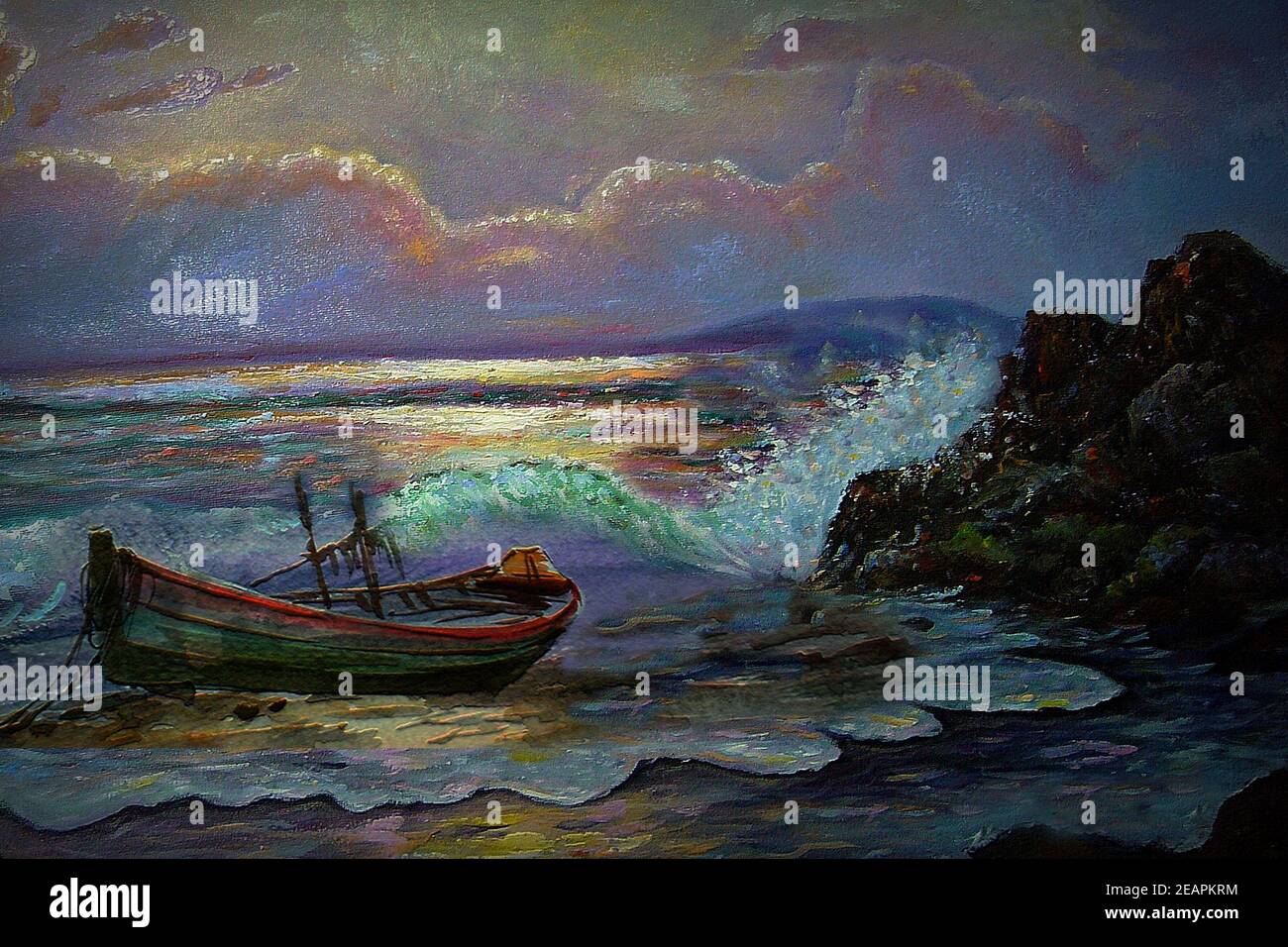 Decoration for the interior.  oil  painting sea boat wave birds Countryside in the provinces Thailand Stock Photo