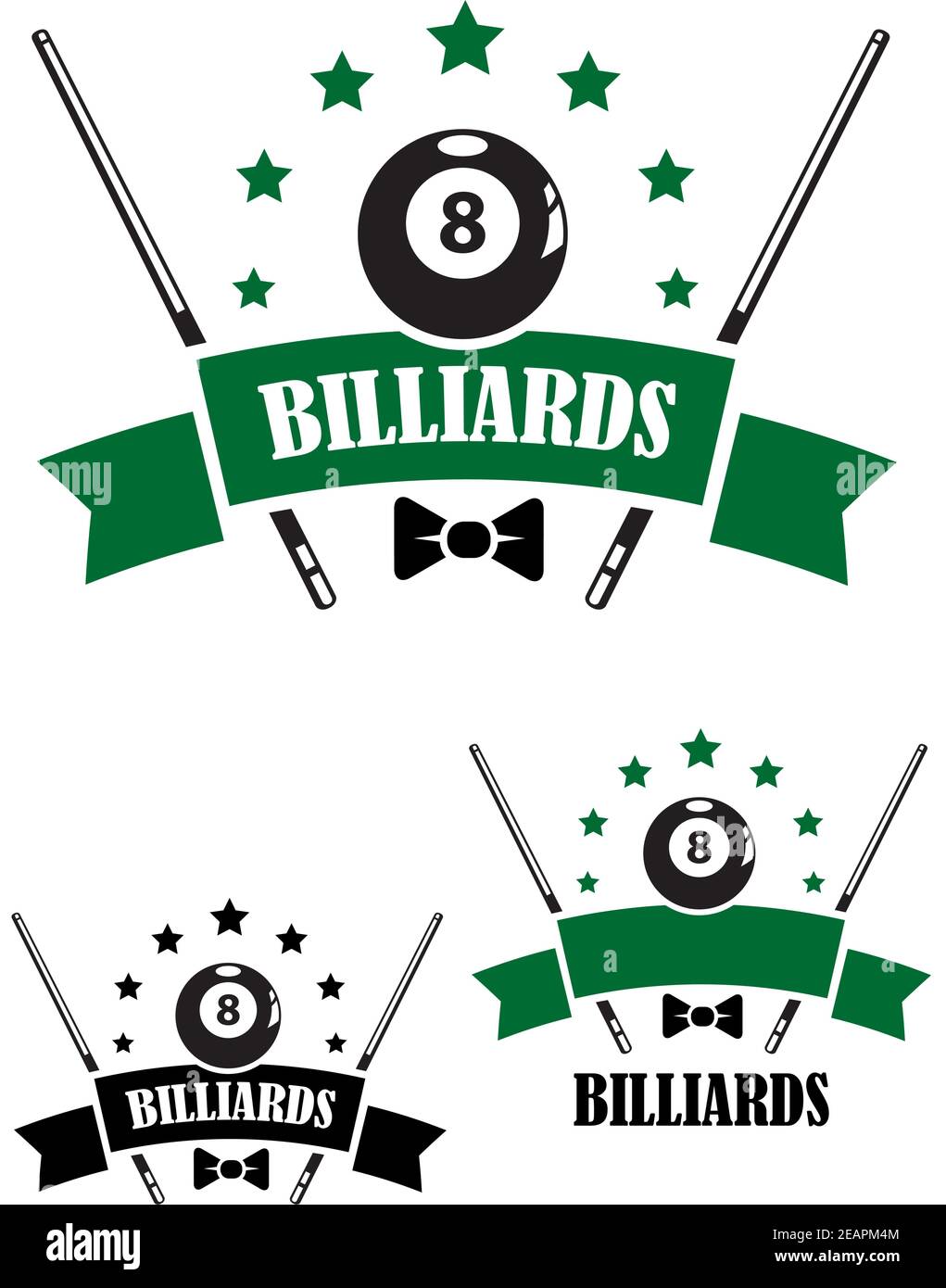 Retro style emblem of snooker and billiards with a ball, bow tie, stars and cues. For sporting  and logo design Stock Vector