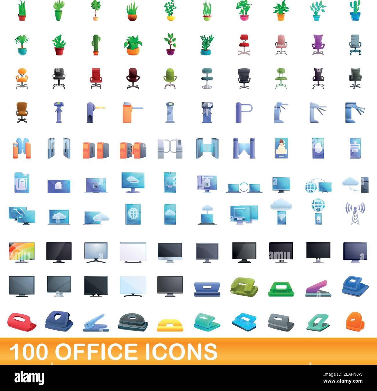 100 office icons set. Cartoon illustration of 100 office icons vector set isolated on white background Stock Vector
