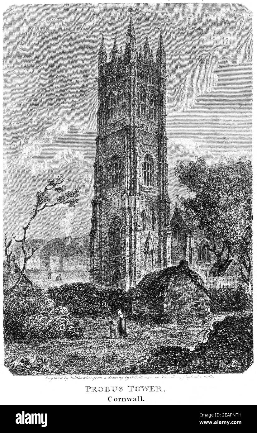 An engraving of Probus Tower, Cornwall scanned at high resolution from a book printed in 1812. Believed copyright free. Stock Photo