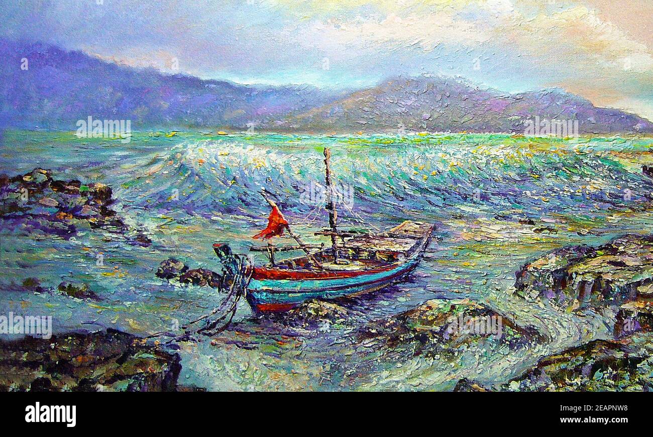 Decoration for the interior.  painting sea boat wave birds Countryside in the provinces Thailand Stock Photo