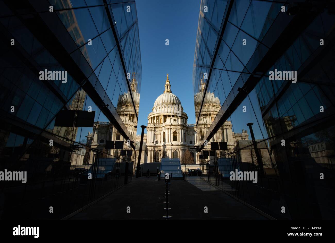 St Pauls Cathedral reflected in glass offices Stock Photo