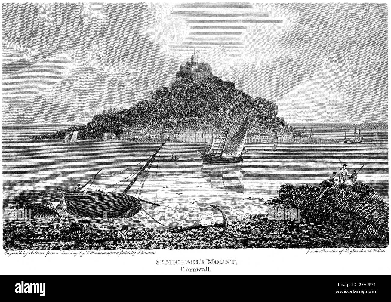 An engraving of St Michael's Mount, Cornwall scanned at high resolution from a book printed in 1812. Believed copyright free. Stock Photo